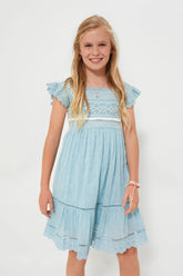 Blue Olga Hand Smocking Short Sleeve Smocked Dress